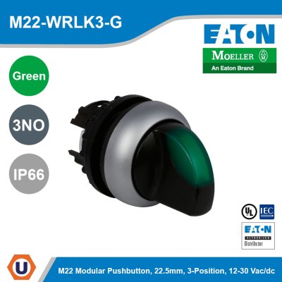 EATON M22 Modular Pushbutton Selector Switch Operator 22.5 mm. Green IP66 | M22-WRLK3-G