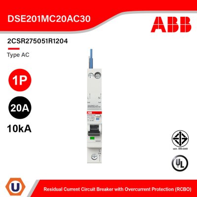 ABB DSE201M C16 AC30 N Blue Residual Current Circuit Breaker with Overcurrent Protection TypeAC, 1P, 20A, 10kA