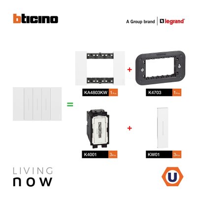 BTicino ชุดสวิตช์ทางเดียว 3 สวิตช์ พร้อมหน้ากากขนาด 3 ช่อง สีขาว 1 WAY Switch 3 modules cover plate white | Living Now
