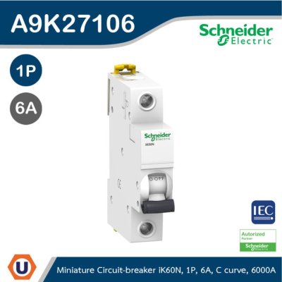Schneider Electric Miniature Circuit-Breaker, Acti9 iK60N, 1P, 6A, C Curve | A9K27106