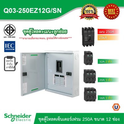 Schneider Electric ชุดตู้โหลดเซ็นเตอร์สแควร์ดีเฟรม 250A ขนาด 12 ช่อง + เมนเบรกเกอร์ 250A, 25kA + ลูกย่อย ขนาด 32A/20A/16A