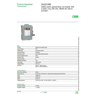 Schneider Electric Safety Switch 60A 1 เฟส  240VAC เซฟตี้สวิตช์แบบไม่มีฟิวส์ ใช้ภายนอกอาคาร | DU222RB