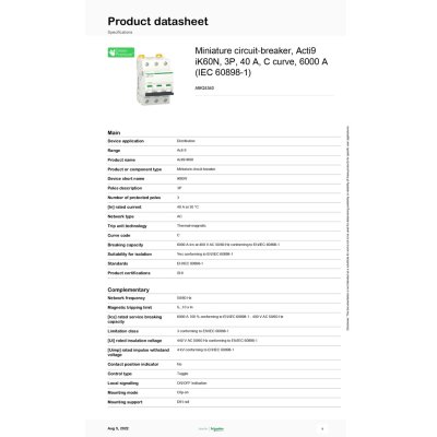 Schneider Electric Miniature Circuit-Breaker, Acti9 iK60N, 3P, 40 A, C Curve, 6000 A (IEC 60898-1) I A9K24340
