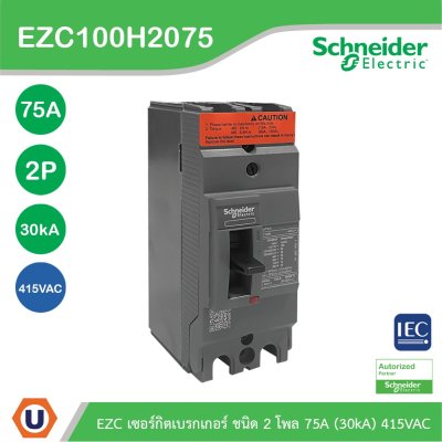 Schneider Electric EZC เซอร์กิตเบรกเกอร์สวิตช์ตัดตอนอัตโนมัติ (MCCB) 75A ชนิด 2 โพล ขนาดเฟรม 100A (30kA) I EZC100H2075T