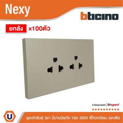 ยกลัง | BTicino ชุดเต้ารับคู่มีกราวด์ 3ขา มีม่านนิรภัยแนวตั้ง สีไทเทเนียม 16A 250V | Nexy | QT4185AE