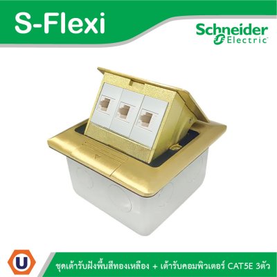 Schneider ชุดเต้ารับฝังพื้นสีทองเหลือง+เต้ารับคอมพิวเตอร์ CAT5E 3ตัว รุ่น S-Flexi