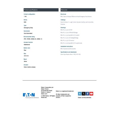 Eaton M22 Twist-To-Release Emergency Stop, Complete Device, Knob, Maintained, Bezel Silver, Red, 1NC, IP67 l M22-PVT-K01