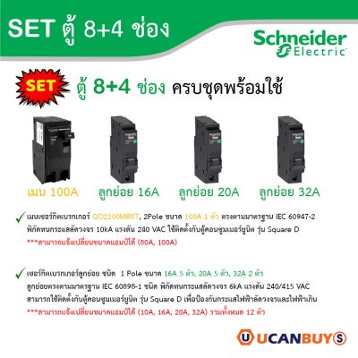 Schneider Electric ชุดตู้คอนชูมเมอร์ยูนิต รุ่น Squar D ขนาด 8+4 ช่อง พร้อมRCCB 63A + เมน100A พร้อมลูกย่อย