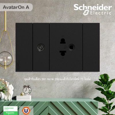 Schneider Electric ชุดเต้ารับเดี่ยว 3ขา ขนาด 2ช่อง+เต้ารับโทรทัศน์ 75 โอห์ม พร้อมฝาครอบสีดำ | AvatarOn A