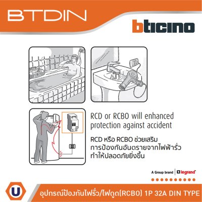 BTicino BTDIN เบรกเกอร์ป้องกันไฟรั่ว/ดูด/เกิน/ลัดวงจร 1P+N 32A 30mA | GA8613AC32
