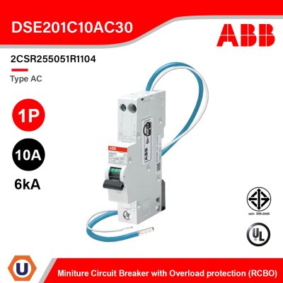 ABB DSE201 C10 AC30 Miniature Circuit Breaker with Overload protection (RCBO), Type AC, 1P, 10A, 6kA, 30mA, 240V