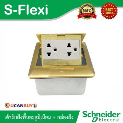 Schneider ชุดเต้ารับฝังพื้นอะลูมิเนียมทองเหลือง พร้อมกล่องฝัง + เต้ารับคู่ 3ขา S-Flexi