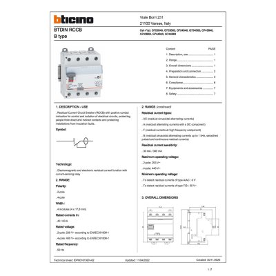 BTicino เบรกเกอร์กันดูด RCD, RCCB Type B 4P, In, 40A,Idn, 30mA, 400Vac | BTDIN | G743B40