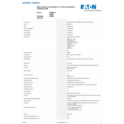 EATON Motor Protective Circuit - Breaker, ช่วงปรับกระแส 10 - 16A, 7kW, 10 HP, 16A AC-3 , 380V Screw terminals l PKZM4-16