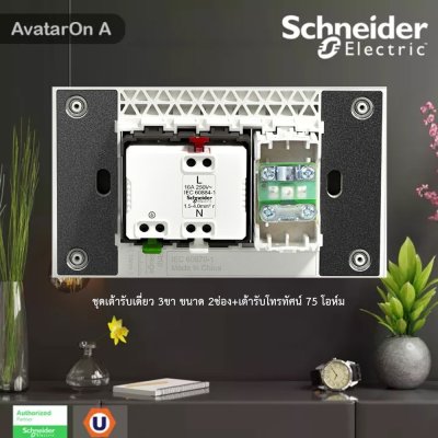 Schneider Electric ชุดเต้ารับเดี่ยว 3 ขา + เต้ารับโทรทัศน์ 75 โอห์ม พร้อมฝาครอบสีเทา รุ่น AvatarOn A