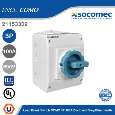 Socomec Load Break Switch COMO 3P 100A Enclosed Grey/Blue Handle | 21153309