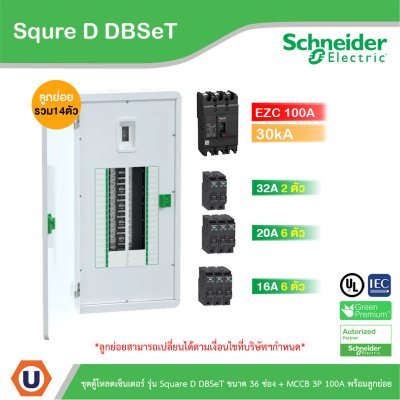 Schneider Electric ชุดตู้โหลดเซ็นเตอร์ Square D DBSeT 36ช่อง+MCCB EZC 3P 100A 30kA พร้อมลูกย่อย14ตัว