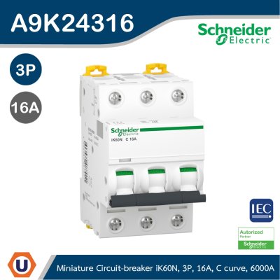 Schneider Electric Miniature Circuit-Breaker, Acti9 iK60N, 3P, 16 A, C Curve, 6000 A (IEC 60898-1) I A9K24316