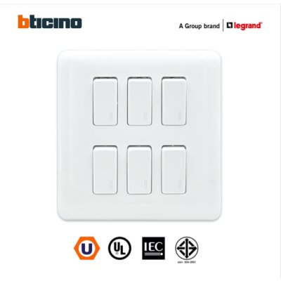 BTicino ชุดสวิตช์ทางเดียว 6ตัว พร้อมฝาครอบ สีขาว รุ่นเมจิก One Way Switch 6Module รุ่น Magic Advance | M9001*6+M906/16P