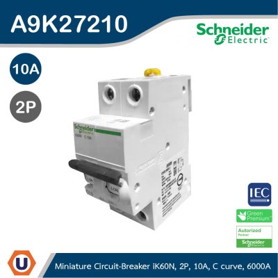 Schneider Electric Miniature Circuit-Breaker, Acti9 iK60N, 2P, 10 A, C Curve, 6000 A (IEC 60898-1) I A9K27210