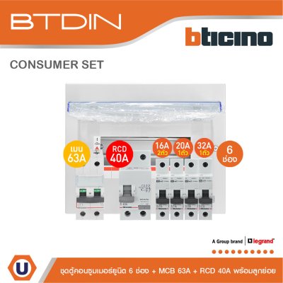 BTicino ชุดตู้คอนซูมเมอร์ยูนิต BTDIN 6ช่อง (แบบเกาะราง)+MCB 2P 63A+RCD 2P 40A