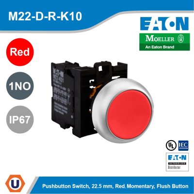 EATON Pushbutton, Red Actuator, Silver Bezel, 1No, Ip67, Ip69K, Non-Illuminated l M22-D-R/K10