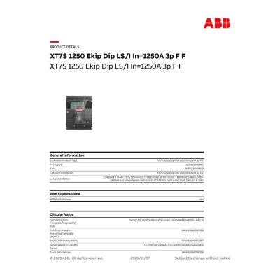 ABB Breaker Tmax XT7S 1250 Ekip Dip LS/I In=1250A 3p F F | 1SDA100828R1