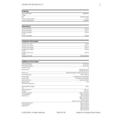 ABB BREAKER FORMULA A2N 250 TMF 250-2500 3P F F