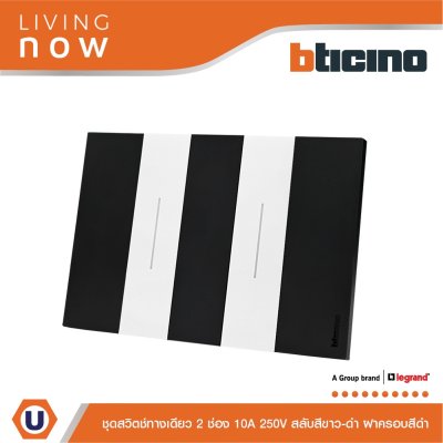 BTicino ชุดสวิตช์ทางเดียว 2 ช่อง สลับสีขาว-ดำ ฝาครอบสีดำ 1 WAY Switch 2 Gang Black-White, cover plate Black | Living Now