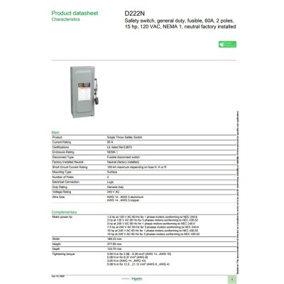 Schneider Electric Safety Switch 60A 1 เฟส 240VAC แบบติดตั้งฟิวส์ได้ ใช้ภายในอาคาร NEMA Type 1 | D222N