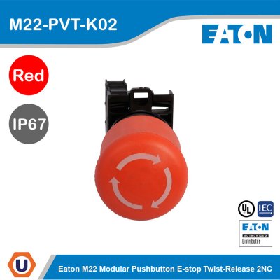 EATON M22 Modular Pushbutton E-stop Twist-release 2NC IP67 | M22-PVT-K02