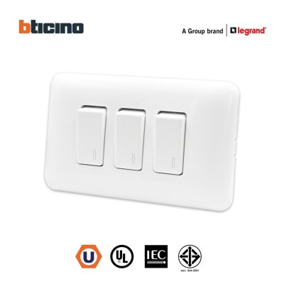 BTicino ชุดสวิตช์ทางเดียว 3 ตัว พร้อมฝาครอบ สีขาว รุ่น Magic Advance