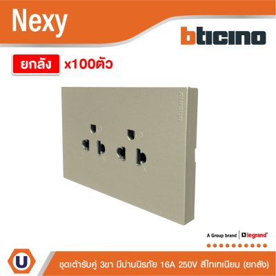 ยกลัง | BTicino ชุดเต้ารับคู่มีกราวด์ 3ขา มีม่านนิรภัยแนวตั้ง สีไทเทเนียม 16A 250V | Nexy | QT4185AE