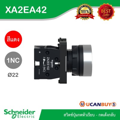 Schneider Electric สวิตซ์ปุ่มกดแบบหัวเรียบ-กดเด้งกลับ 1NC สีแดง แบบพลาสติก | XA2AA42