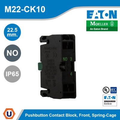 EATON M22 Pushbutton Contact Block 22.5 mm. Front Spring-Cage Button Black NO IP65 | M22-CK10