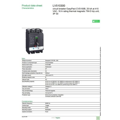Schneider Electric Circuit Breaker EasyPact CVS100B 25kA at 415VAC, 16A 3P | LV510300