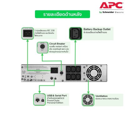 Schneider Electric APC เครื่องสำรองไฟ แบบแร็ค 2U (2000VA/1300WATT) AVR Sinewave 6 Smartconnect | SMC2000I-2U