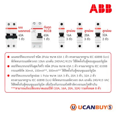 ABB ชุดตู้คอนซูมเมอร์ยูนิต ขนาด 12 ช่อง เมนเบรกเกอร์ 63A+กันดูด RCCB 63A พร้อมลูกย่อย 16A/20A/32A