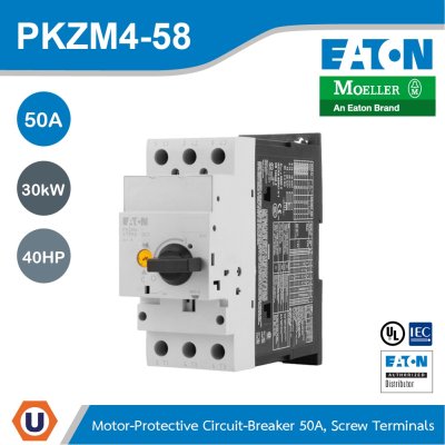 EATON เบรกเกอร์ป้องกันมอเตอร์แบบลูกบิด,Ir 50 - 58A, 30kW,40แรงม้า Screw Terminals Terminations: IPOO | PKZM4-58
