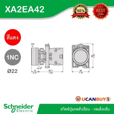 Schneider Electric สวิตซ์ปุ่มกดแบบหัวเรียบ-กดเด้งกลับ 1NC สีแดง แบบพลาสติก | XA2AA42