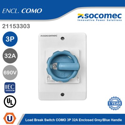 Socomec Load Break Switch COMO 3P 32A Enclosed Grey/Blue Handle | 21153303