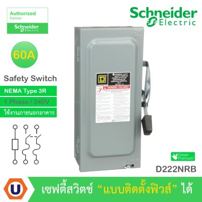 Schneider Electric Safety Switch 60A 1เฟส 240VAC เซฟตี้สวิตช์ แบบติดตั้งฟิวส์ได้ ใช้ภายนอกอาคาร | D222NRB