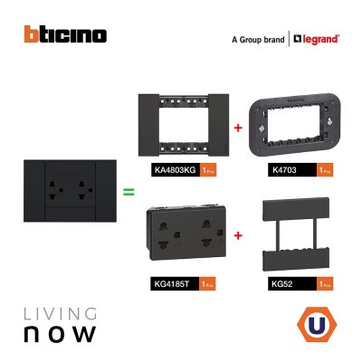BTicino ชุดเต้ารับคู่กราวน์ พร้อมหน้ากากขนาด 3 ช่อง สีดำ Duplex Socket 16A cover plate black | Living Now