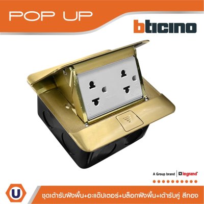 BTicino ชุดเต้ารับฝังพื้น ปลั๊กคู่มีกราวด์ สีทองครบชุด | Matix
