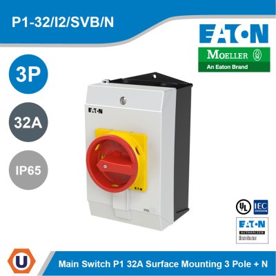 EATON Main switch,P1, 32A, surface mounting, 3P+N Emergency switching off function | P1-32/I2/SVB/N