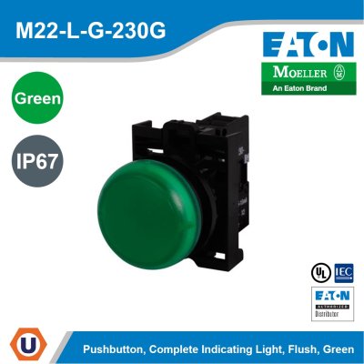 Eaton M22 modular pushbutton, Green Indicating Light, Flush, IP67, IP69K, NEMA l M22-L-G-230G