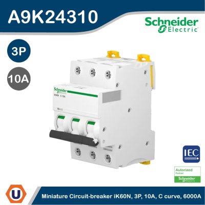 Schneider Electric Miniature Circuit-Breaker, Acti9 iK60N, 3P, 10 A, C Curve, 6000 A (IEC 60898-1) I A9K24310