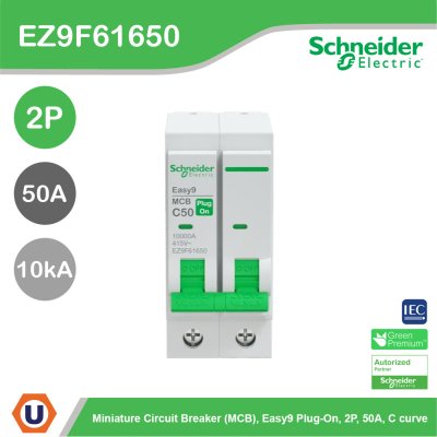 Schneider Electric เมนเซอร์กิตเบรกเกอร์ รุ่น Easy9 Plug-On ขนาด 2P 10kA 50A รหัส EZ9F61650