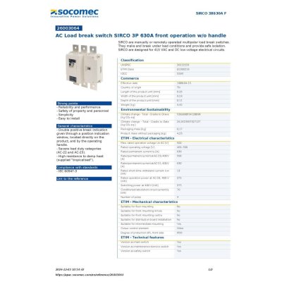 Socomec AC Load Break Switch SIRCO 3P 630A Front Operation w/o Handle | 26003064