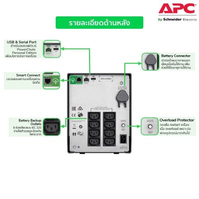Schneider Electric APC เครื่องสำรองไฟ UPS 100VA/600WATT AVR Sinewave 8 Smartconnect | SMC1000IC